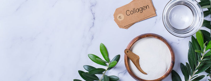 collagen supplements on marble counter with collagen tag