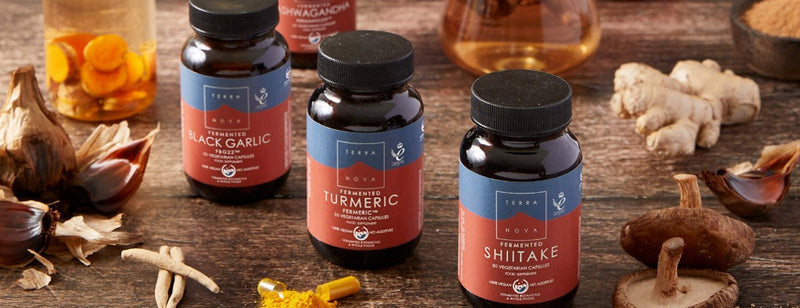 a selection of Terranova Fermented supplements with their raw ingredients 