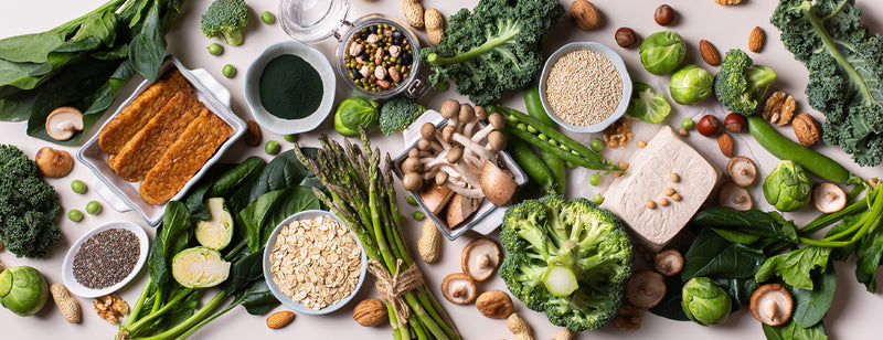selection of greens and vegan protein sources