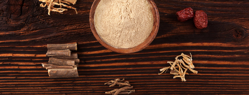 selection of ashwagandha on a wooden background