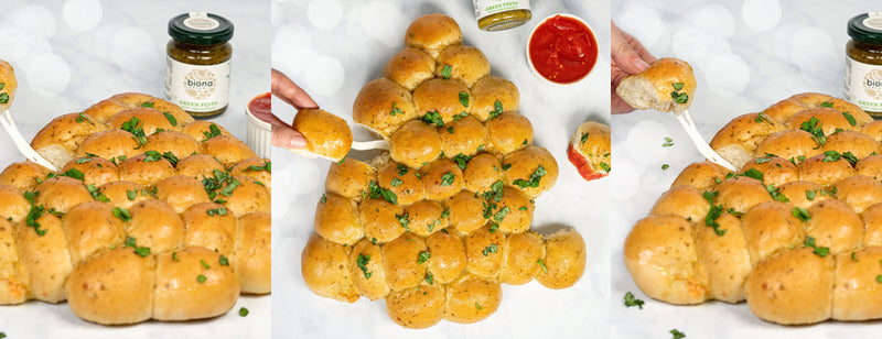 Cheesy Pull-Apart Christmas Tree served with tomato sauce and pesto