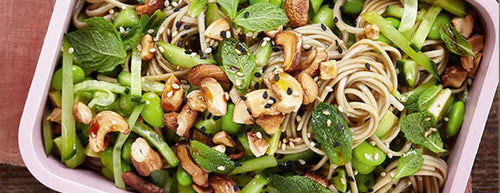 freshly made Cucumber & Cashew Noodle Salad in a dish