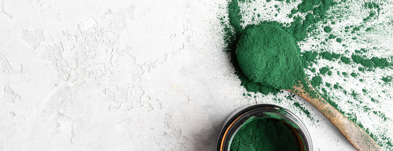 diy spirulina face mask - spirulina powder on wooden spoon on white marble
