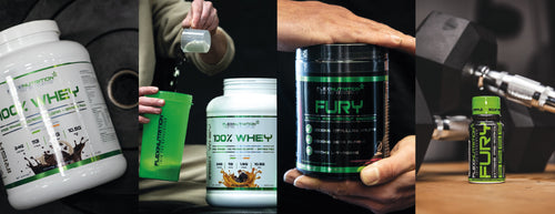 selection of Flexi Nutrition products with gym equipment 