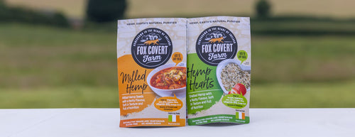 Fox Covert Farm products in front of a green field