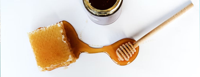 honey comb and honey dipper on white surface