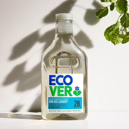 Ecover Laundry liquid with white background and leaves