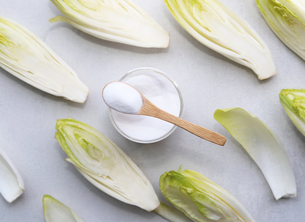 cup of inulin powder surrounded by chicory leaves