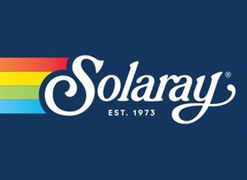 Solaray text with navy background and rainbow