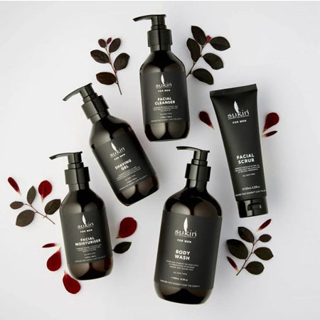 Sukin For Men products with leaves on white background