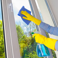 cleaning a glass door with sponge and spray
