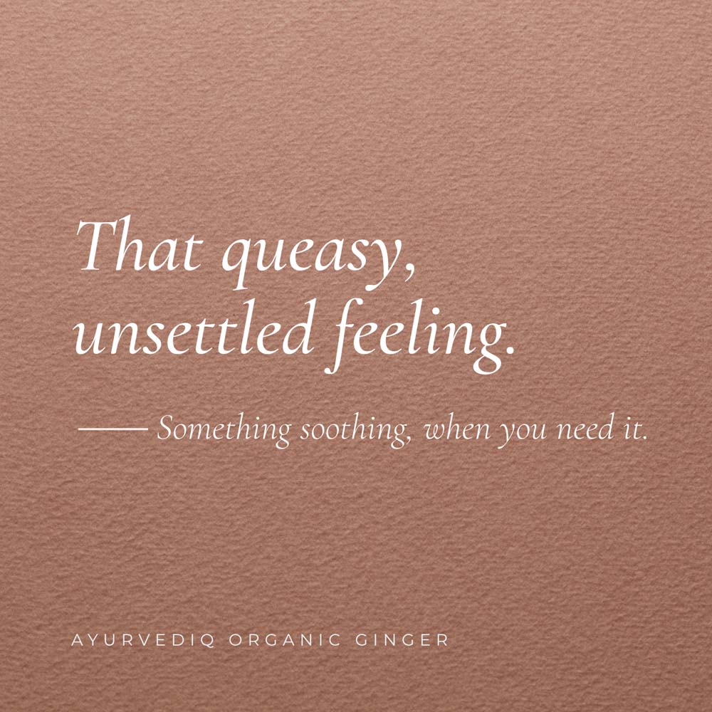 A graphic for Ayurvediq Organic Ginger supplement with a textured dusty rose background and white text reading, &