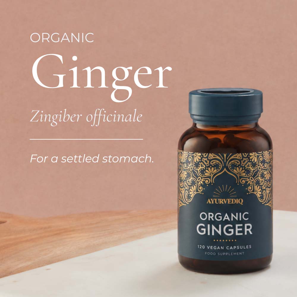 Ayurvediq Organic Ginger food supplement bottle. White text on the left reads &