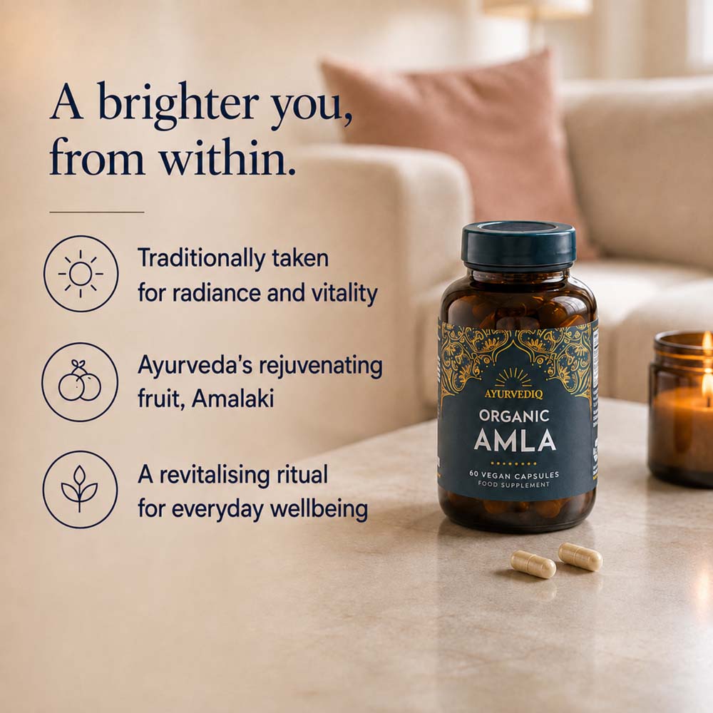 A bottle of Ayurveda Organic AMLA herbal supplement capsules