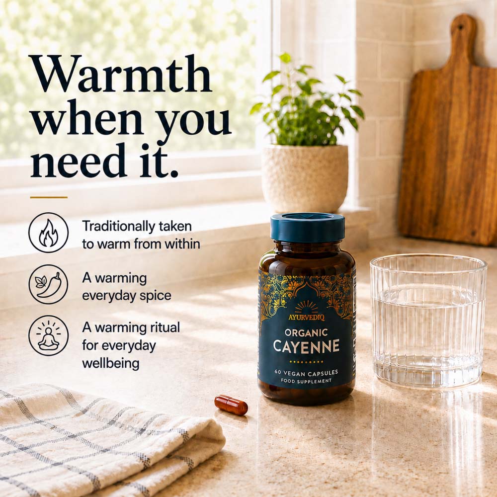 A bottle of Ayurvedic Organic Cayenne Calmants dietary supplement