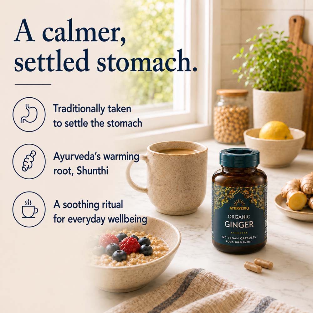 A bottle of Ayurvedic Organic Ginger food supplement displayed on a kitchen counter next to a bowl of oats, a mug of tea, and ginger root, with text overlays describing its benefits.