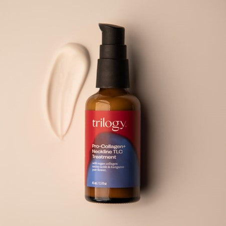 Bottle of Trilogy Pro-Collagen Neckline TLC Treatment on a beige background
