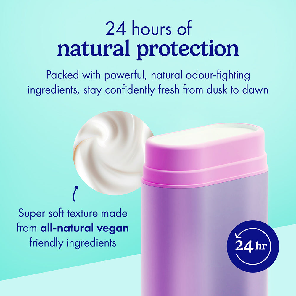Wild Coconut Vanilla Refillable Deodorant - A lavender and pink cylindrical stick product on a light blue background with promotional text.