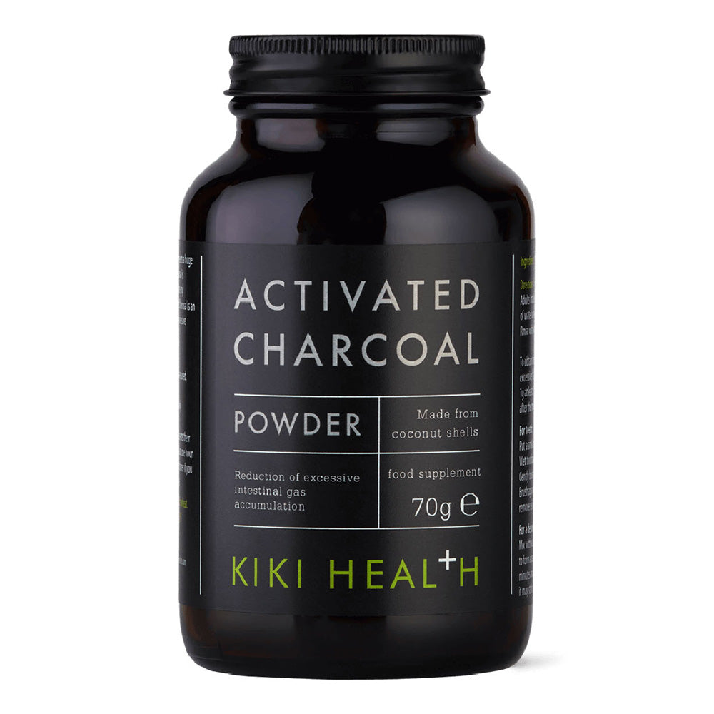 A black bottle of Kiki Health Activated Charcoal Powder, 70g, on a clean white background.