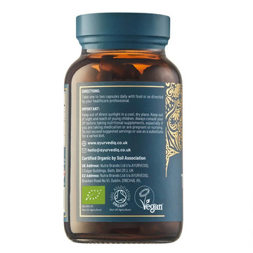 Ayurveda Organic herbal supplement capsules in bottle showing the back label.
