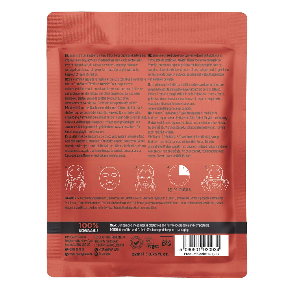 Red face mask packaging with text and icons on a white background