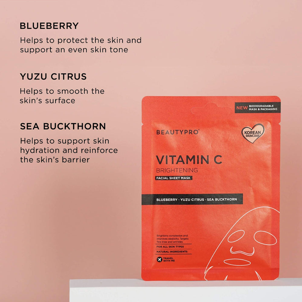BeautyPro Vitamin C Brightening facial sheet mask with ingredients listed on a pink background