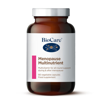 BioCare Menopause Multinutrient food supplement in an amber brown bottle with a white cap.
