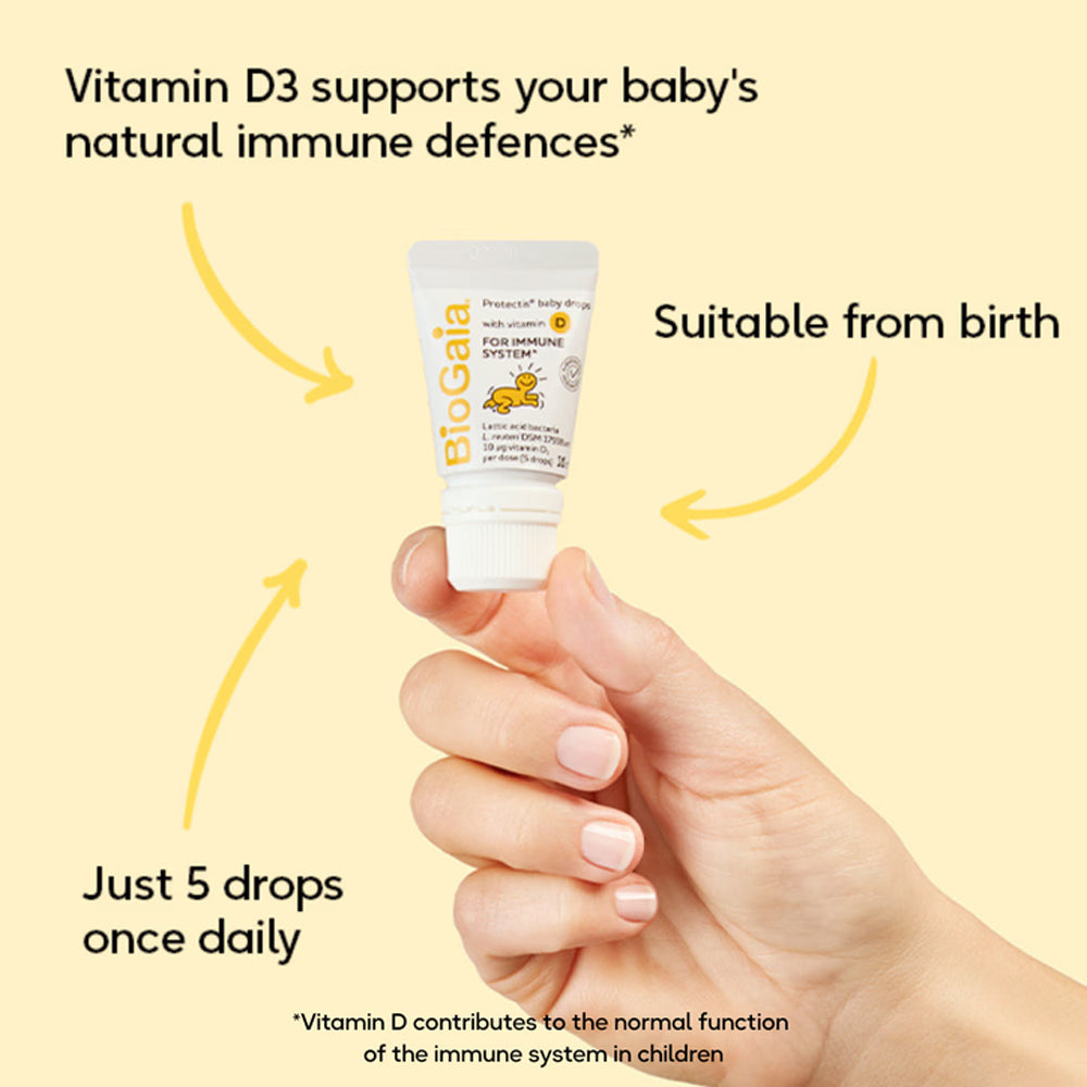 Hand holding a BioGaia vitamin D3 supplement with text about its benefits on a yellow background