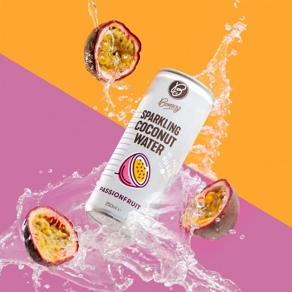 Bonsoy Sparkling Coconut Water Passionfruit 250ml can lifestyle