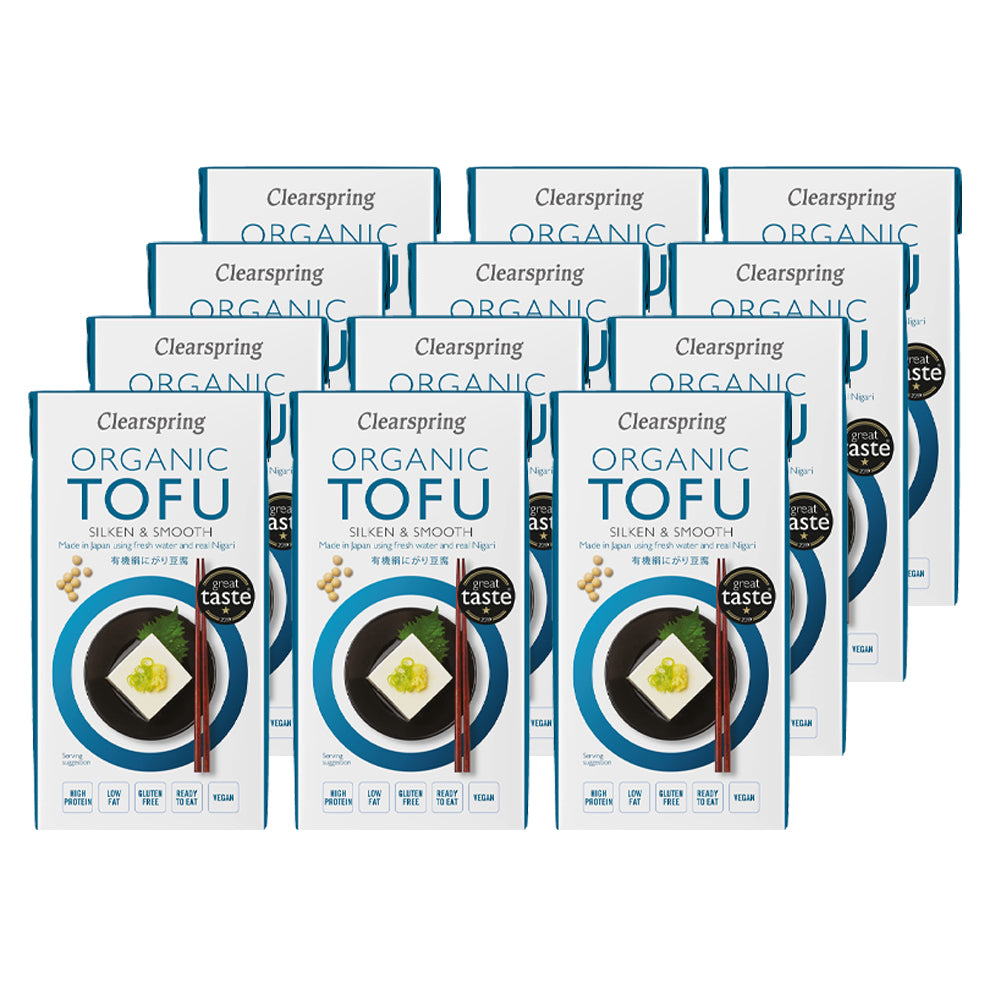 Multiple boxes of Clearspring Organic Tofu on a white background