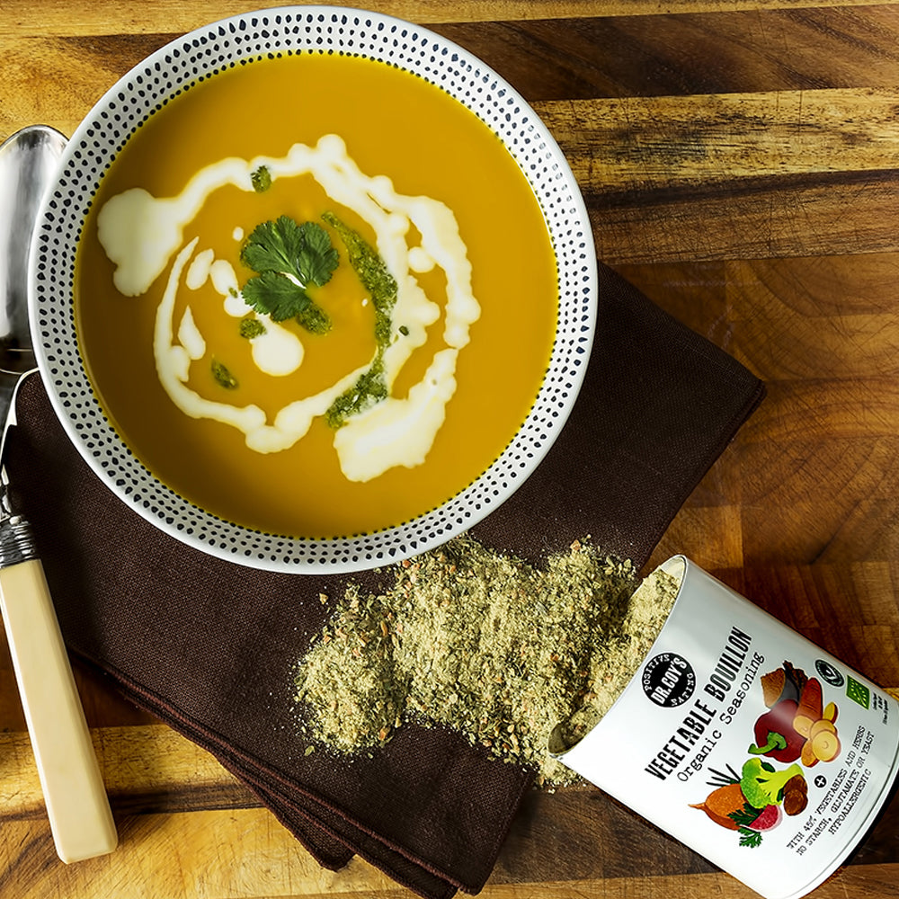 Bowl of soup with a side of Dr Coy&