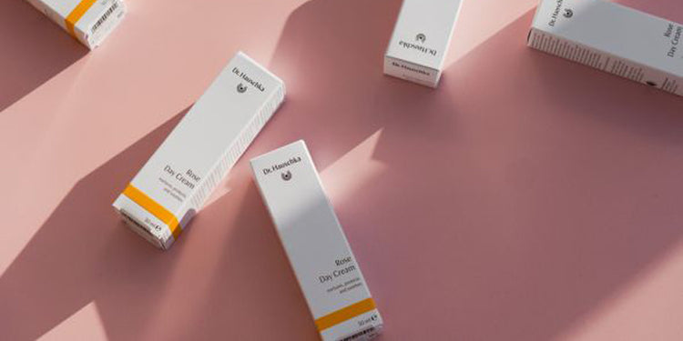 dr hauschka rose day cream boxes on a pink background