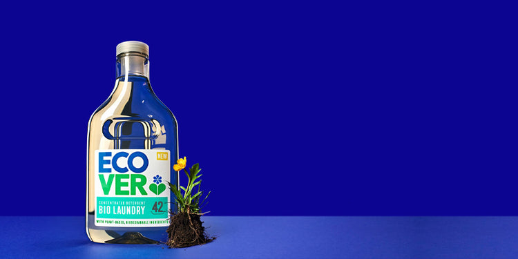 Ecover laundry liquid on dark blue background