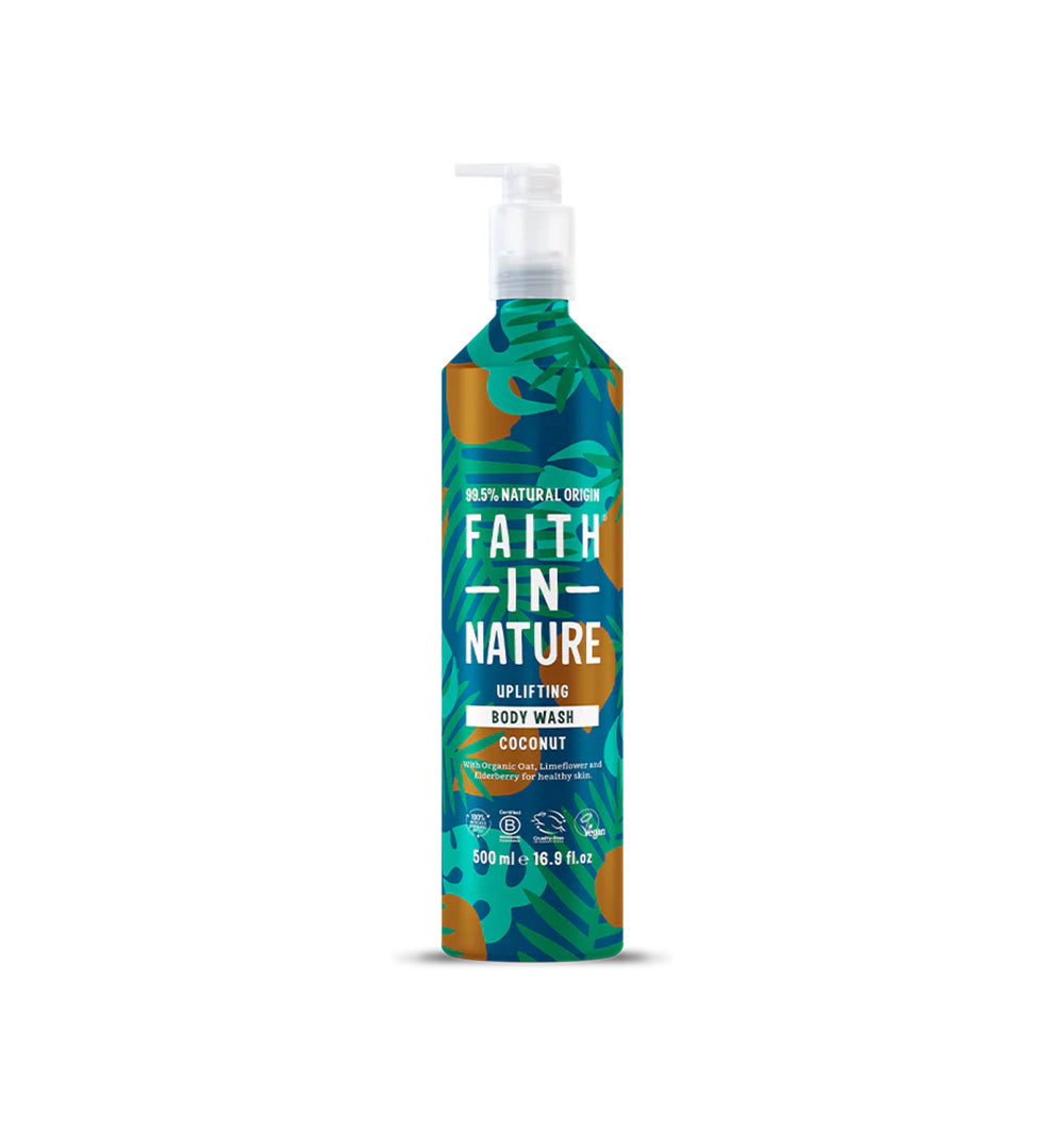 Faith in Nature Splicing Body Wash Coconut scent in a 500 ml pump bottle.
