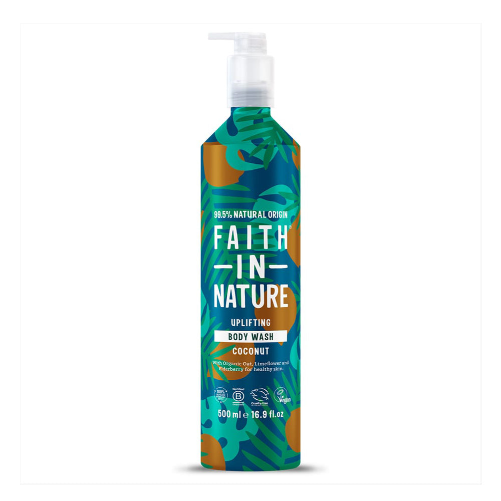 Faith in Nature Splicing Body Wash Coconut scent in a 500 ml pump bottle with a colourful tropical leaf pattern in teal.