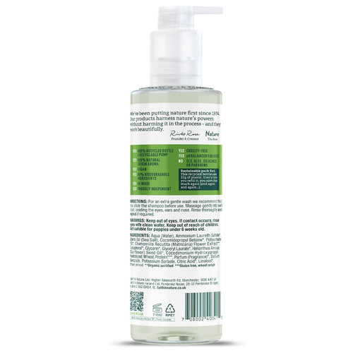 back of bottle of Faith in Nature Gentle Chamomile Dog Shampoo