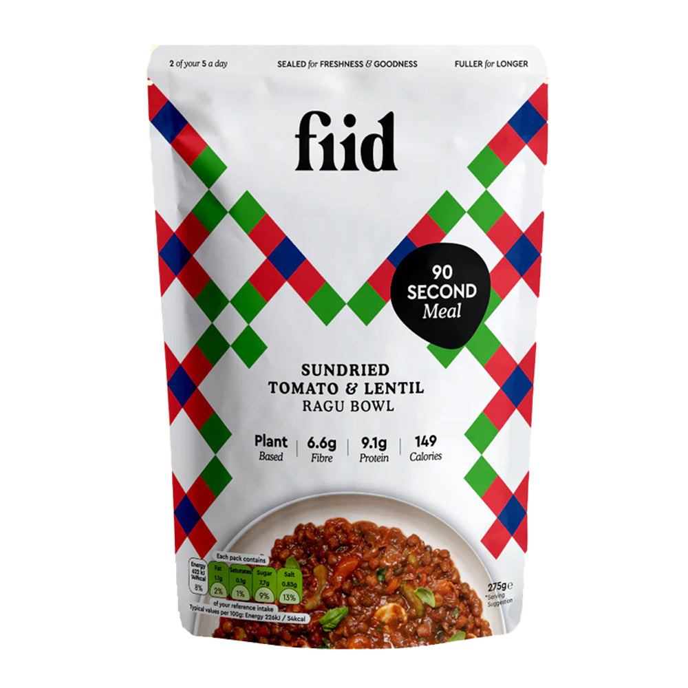 fiid sundried tomato and lentil ragu bowl package with colorful pattern