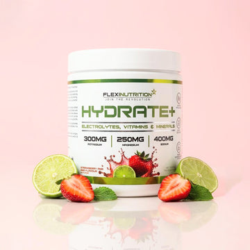 A white tub of Flexi Nutrition Hydrate+ supplement in strawberry and lime flavour.