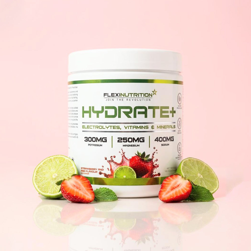 A white tub of Flexi Nutrition Hydrate+ supplement in strawberry and lime flavour.
