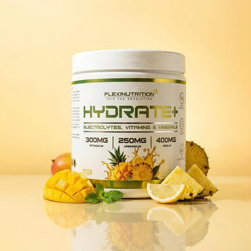 A white tub of Flexi Nutrition Hydrate+ supplement in tropical flavour.