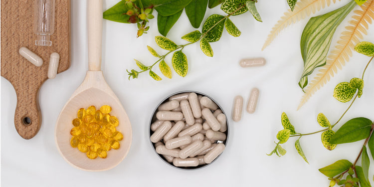 selection of supplements shown with green leaves on a white background