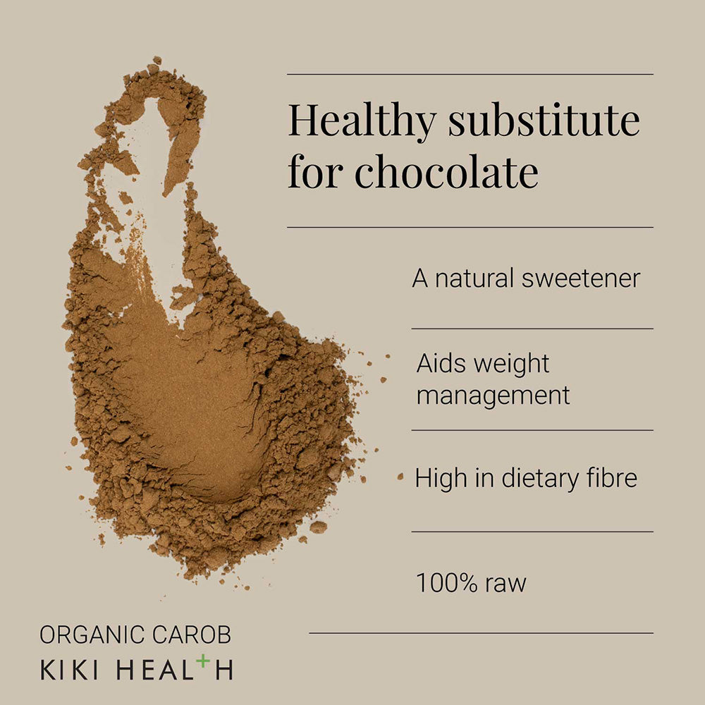 A promotional graphic for Kiki Health Organic Carob Powder.