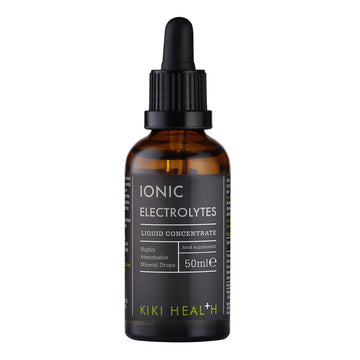 A 50ml amber glass dropper bottle of Kiki Health Ionic Electrolytes Liquid.