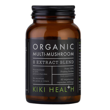 A bottle of Kiki Health Organic Multi-Mushroom 8 Extract Blend dietary supplement.