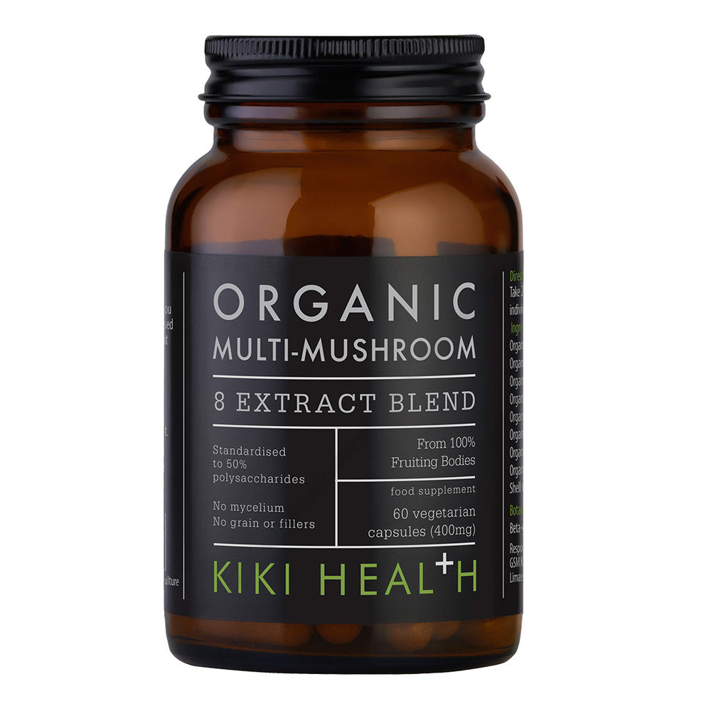 A bottle of Kiki Health Organic Multi-Mushroom 8 Extract Blend dietary supplement.