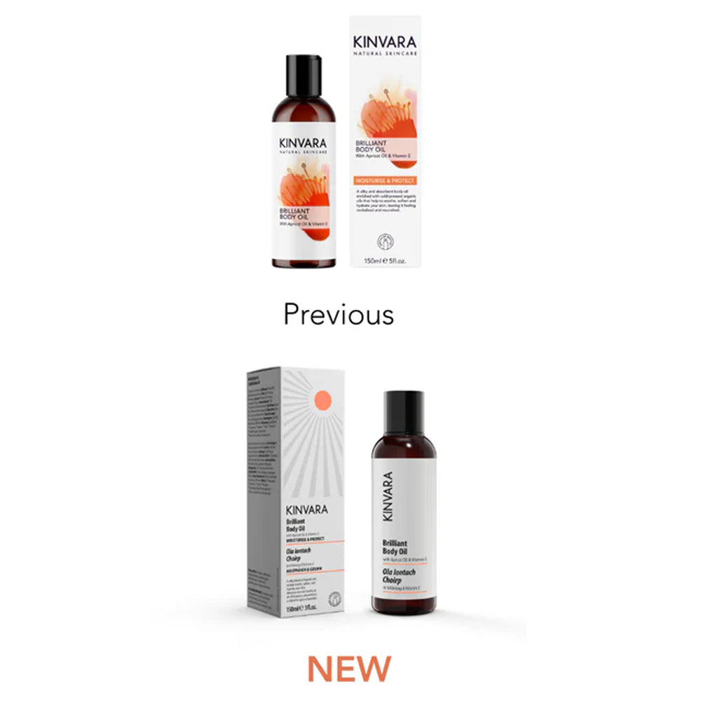 Comparison of Kinvara Brilliant Body Oil packaging, showing a &