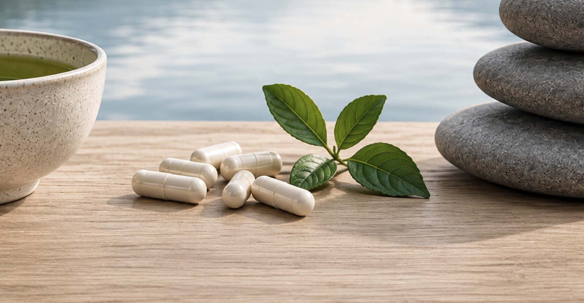Cream capsules, green tea, stones and green leaves