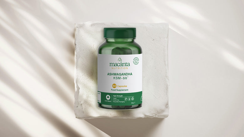 Macanta Ashwagandha supplement bottle on white background