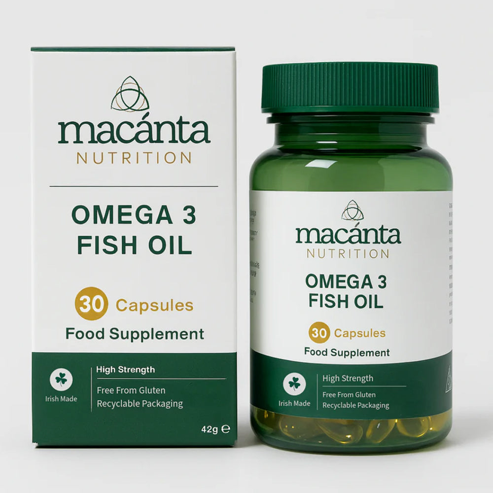 Macanta Nutrition Omega 3 Fish Oil supplement bottle and packaging on a white background