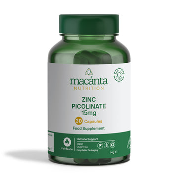 A bottle of Macanta Zinc Picolinate supplement containing 30 capsules, with labels indicating it&